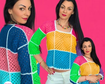 Crochet Classic Granny Square Top Pattern, Cropped Colorful Blose for Beginners -  Video, US terms, Photos, Diagram Chart in PDF