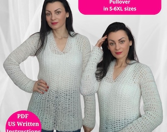 Crochet Mohair Women Sweater Pattern, Easy Beginner Pullover - Adult Size S-6XL, Crochet Mesh Blouse, Crochet Lace Sweater in Plus Size