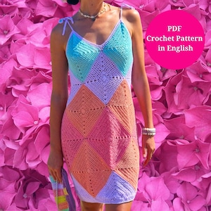 Crochet Summer Granny Square Dress With Ties in One Size Pattern in PDF , Eassy Beach Cover Up Crochet Pattern ,  Crochet Womens Dress