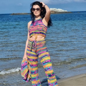 Crochet Pants Top Set Pattern in PDF , Bohemian Set Pattern  , Crop Top  Pants Crochet Pattern  , Vintage Set S - XL size