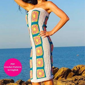 Crochet Granny Square Dress With  African Flower Pattern in PDF , Vintage Crochet Dress , Granny Square Crochet Dress
