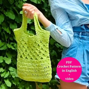 Crochet Raffia Tote Bag Pattern in PDF, Quick and Easy Summer Shoulder Bag, Raffia Simple Purse - Written Instructions and Video Tutorial