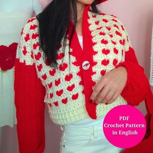 Crochet Pattern Cropped Colorful Hearts Sweater Cardigan With Button in PDF in 2 Size, US Terms, Diagram Chart, Photos