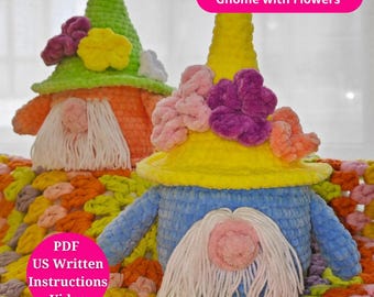 Crochet Gnome Pattern – Easy Amigurumi US Written instructions, Video Tutorial | Spring Easter Decor | Plush Toy Gift for Kids & Baby Shower