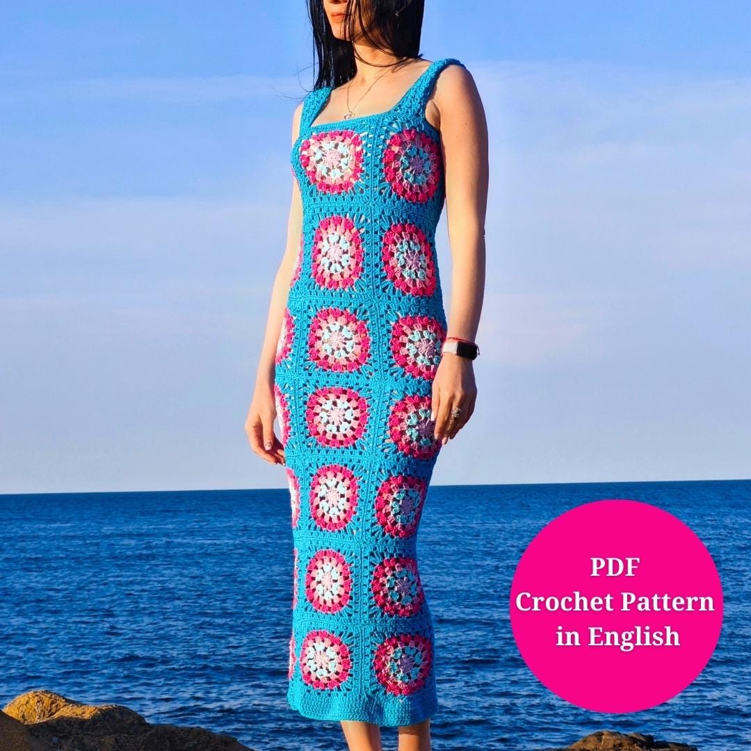 Vestido largo de crochet con cuadros de abuela en tallas XS/S/M/L