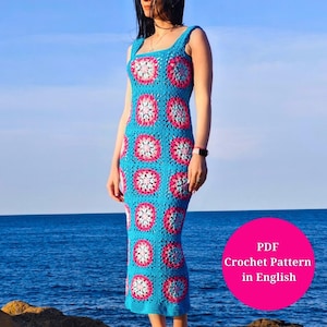 Crochet Maxi Dress With Granny Squares in XS/S/M/L/XL/2XL/3XL Size Pattern in PDF