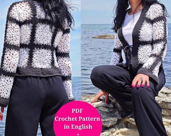 Elegant Crochet Women's Granny Square Cardigan S-3XL Size Pattern in PDF - Video, Written instructions US Terms, Photos and Diagram Chart