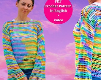 Easy Crochet Mesh Long Sleeve Top  in S - 4XL Sizes -  Video tutorial and Written instructions  Crochet  Pattern in PDF