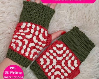 May include: A pair of fingerless crochet gloves featuring a central granny square motif in red and white, bordered by solid olive green cuffs. The text on the image reads: Fingerless Granny Square Gloves in 4 Size Crochet Pattern and PDF US Written Instructions Video.