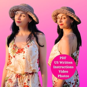 Easy Summer Raffia Hat Crochet Pattern | Mesh Stitch Beach Hat | Women&#39;s Sun Hat Pattern | Two Sizes PDF with Video, US Written Instructions