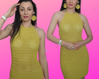 Halter Summer Mini Dress Pattern S-2XL Size in PDF, Written Instructions, US Terms, Photos