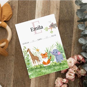 Póster personalizado para bebé: animales de safari, fechas de nacimiento, decoración de guardería, regalo de nacimiento y bautismo