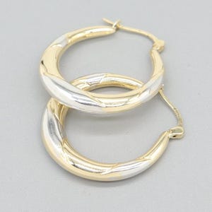 Vintage 14K Yellow & White Gold Two Tone 1 1/8&quot; Pair Hoop Pierced Earrings