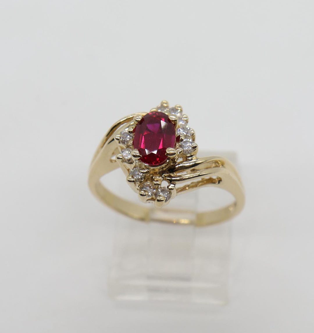 14K Yellow Gold Lab Created Ruby .90cts & Natural Diamond .20 Tcw Ring ...