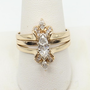 Vintage 14K Yellow Gold .54ct Marquise Engagement Ring .32 tcw Diamond Ring Guard Wedding Band Enhancer All Rings Are Soldered Together