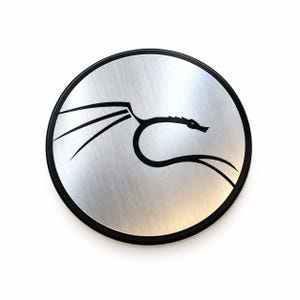 May include: A circular emblem featuring a brushed silver metallic face with a black border. The center displays a stylized black graphic of a dragon silhouette with an elongated neck, a pointed head, and sweeping wings extending to the edges.