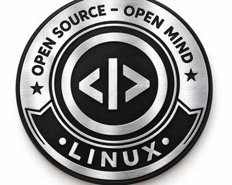 May include: A circular metallic emblem with a brushed silver finish and black accents. The center features a code bracket symbol. The text "OPEN SOURCE - OPEN MIND" is arched along the top, and the word "LINUX" is centered at the bottom.
