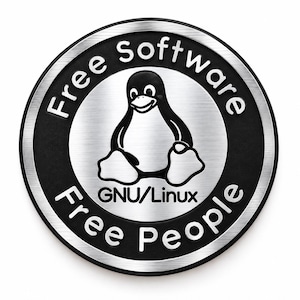 Linux-klistermärke: Fri programvara-emblem, silver och svart (35 mm)