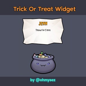 May include: A cartoon illustration of a cauldron filled with candy and other treats. The cauldron has a cute face and is surrounded by a white note with the text "JEWN Timeout for 5 mins". The image is captioned "Trick Or Treat Widget by @ohmysez".