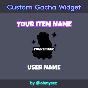 Peut inclure: Un fond gris avec une boîte de texte violette et blanche qui dit "YOUR ITEM NAME". En dessous de la boîte de texte se trouve une silhouette noire d'un nuage avec des étoiles et le texte "YOUR IMAGE". En dessous du nuage se trouve une boîte de texte blanche qui dit "USER NAME". En bas de l'image se trouve une boîte de texte bleue qui dit "by @ohmysez".