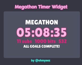 Megathon Timer Widget - Subathon Donothon Countdown Timer for Twitch Streamers - Bit Tracker Sub Tracker Donation Tracker - Stream Widget