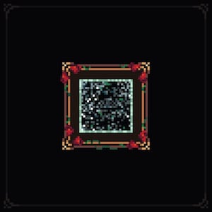 May include: Pixel art of a square picture frame with a dark background. The frame is brown with red rose accents in each corner. The picture inside the frame has a dark, pixelated design with white and blue specks.