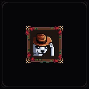 Könnte beinhalten: Pixel-Art-Illustration eines weißen Hundes mit braunem Cowboyhut, umrahmt von einem goldenen Rahmen und roten Rosen. Der Hund grüßt, vor schwarzem Hintergrund.