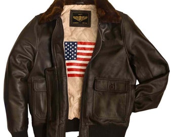 G1 US NAVAL FLIGHT MEN'S BROWN AUTHENTIC COWHIDE LEATHER BOMBER JACKET USA