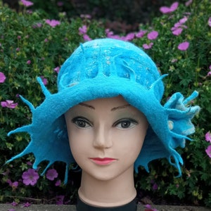 Light Blue Nuno Felted Hat: Merino Wool Summer Brim Hat