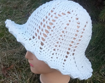 Womens summer white cotton brim hat.hand crocheted beret.fashion womens hat.mothers day gift.knitted hat.bucket hat.original cotton hat