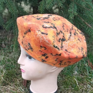 Orange womens felted merino wool beret.nuno felt hat.warm felted hat.Christmas gift.Fashion felted hat.merino wool hat.Boho hat.felted beret image 1