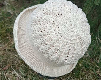 Womens summer beige hat with brim.hand crocheted beret.fashion womens hat.mothers day gift.knitted hat.bucket hat.original cotton hat