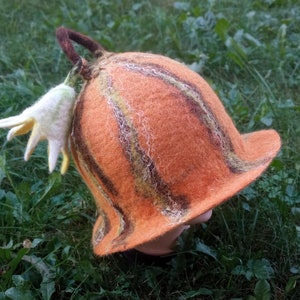 Unique felted pumpkin brim hat.Sauna hat.Wizard hat for Halloween.Carnival costume.Masquerade.Fairy hat.Druid hat.Elf hat.Orange wool hat