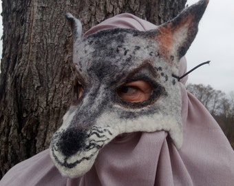 Felt gray fox mask.unisex adult fox mask.Therian gift.festival headwear.carneval mask.animal mask.cosplay.halloween mask.theatrical mask