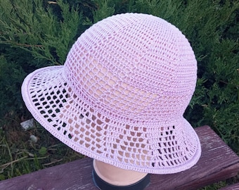 Womens lilac summer crocheted hat.linen brim hat.fashion summer hat.original linen hat.bucket hat.hand knitted linen hat.mothers day gift.