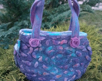 Einzigartige lila rosa gefilzte Tasche.Filz Tasche.Shopper Bag.Wolle Tasche.Blumen Tasche.Kunst Tasche