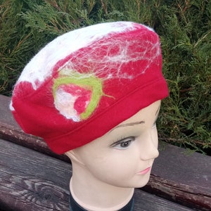 Womens felted burgundy beret.Warm winter hat.floral beret.Fashion womens hat.Original wool beret.Warm wool hat.Gift for her.Christmas gift