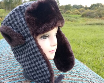 Mens winter earflap made of faux fur size 58-59 cm.aviator hat.hunter hat.Pilot hat.warm hat.gift for him.Fashion hat.faux fur hat.ushanka