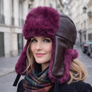 Leather Rabbit Fur Ushanka Hat, Winter Earflap Lumberjack Pilot Hat