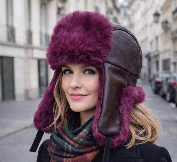 Leather Rabbit Fur Ushanka Hat, Winter Earflap Lumberjack Pilot