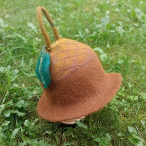 Unique felted acorn hat.Sauna hat.Wizard hat for Halloween.Carnival costume.Masquerade.Fairy hat.Druid hat.Elf hat.wool hat with brim