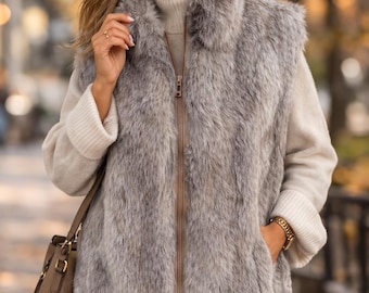 Plus Size Faux Fur Vest XXL, Beige Brown Winter Vest