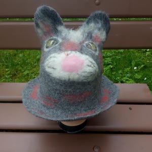 Felted Wool Cat Hat with Ears.Handmade Hat with Brim.Felted Animal Hat.cozy winter hat with kitty face and ears.sauna hat.unique gift