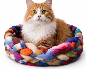 Handgemaakte regenboog gevilte wol kattenmand, Cozy Nest, natuurlijke Letse wol (40 cm)
