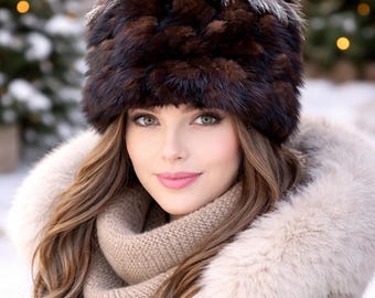 Handmade  Mink Fur Hat with Fox Trim, Knitted Winter Warmth (55-59 cm)