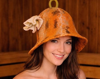 Gorro de sauna de fieltro con forma de calabaza, gorro de lana hecho a mano para sauna.