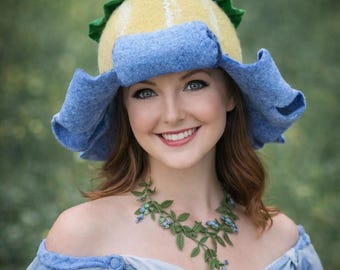 Blau Gelb Blume Filz Hut, Fee Cosplay Bell Blume, Merinowolle Kostüm