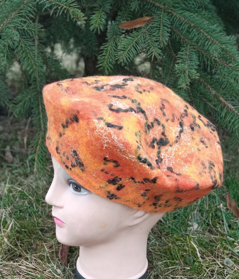 Orange womens felted merino wool beret.nuno felt hat.warm felted hat.Christmas gift.Fashion felted hat.merino wool hat.Boho hat.felted beret image 1