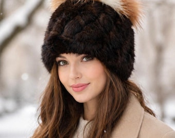 Brown Mink Knit Hat with Fox Fur Trim and Pom Poms, Elastic Winter Warmth