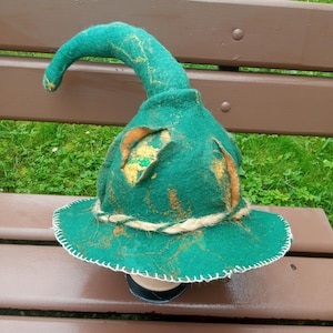 Unique Green Felted Wizard Hat.Sauna Hat.Halloween Witch Hat.Carnival Costume.Masquerade Hat.Original Wool Wizard Hat.Pixie Hat.Fairy Hat.